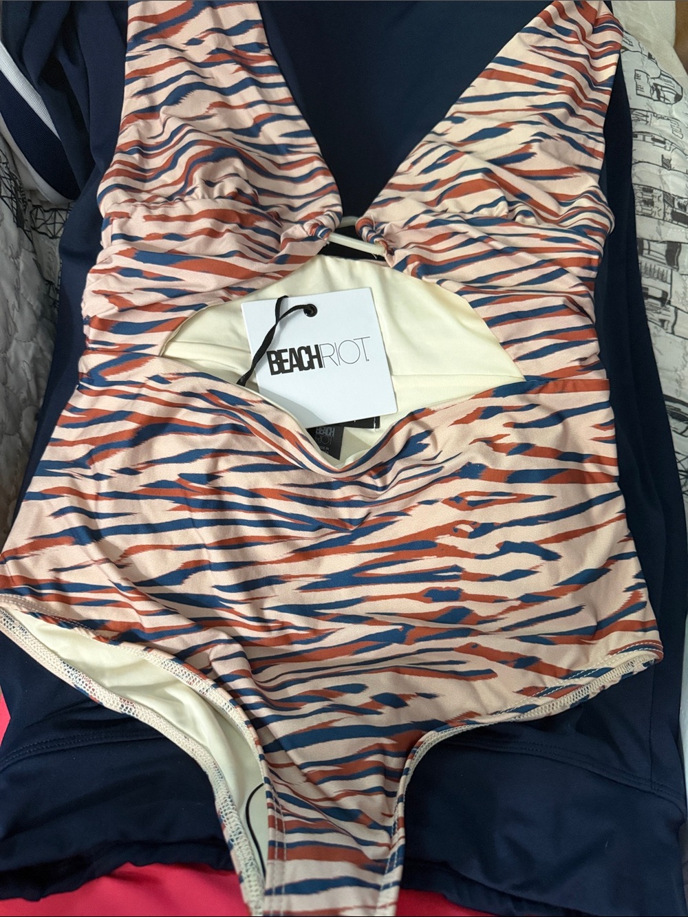 NWT Beach Riot women One-Piece Swimsuit in Cream with Blue & Orange Stripe Print